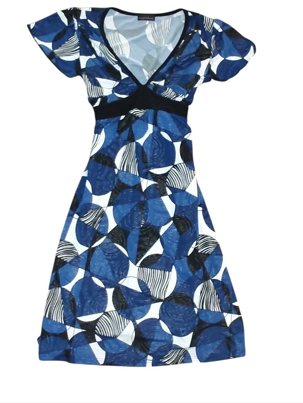 Y2K Flutter Sleeve Blue Sparkle Geometric Print Empire Waist V-Neck Dress XS